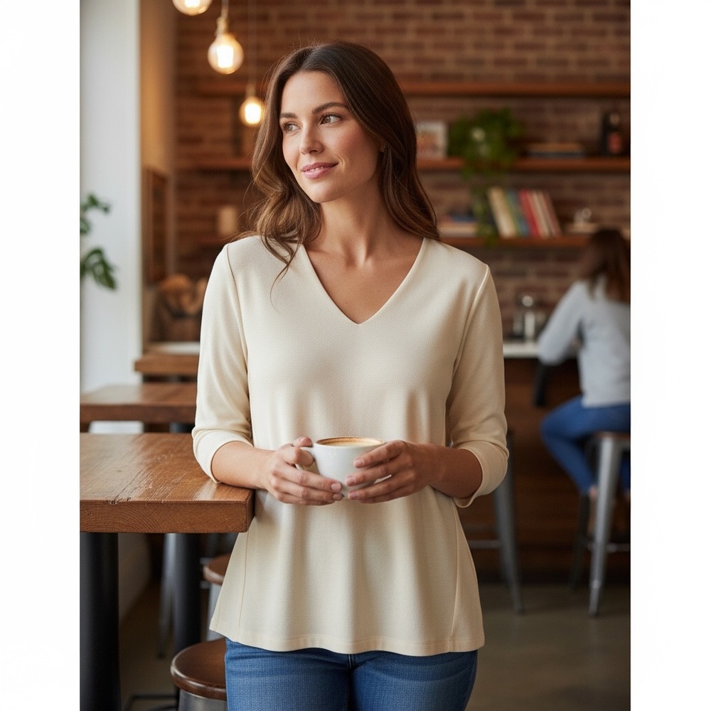 NWOT Lafayette 148 Women’s Ivory Woven 3/4 Sleeve V-Neck Top Italian‎ Fabric